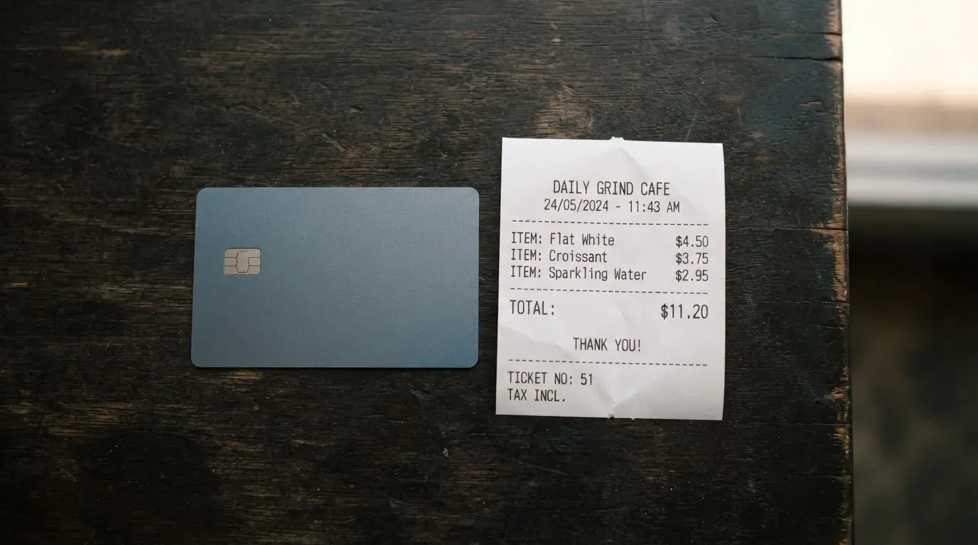 A receipt and a card on a café table