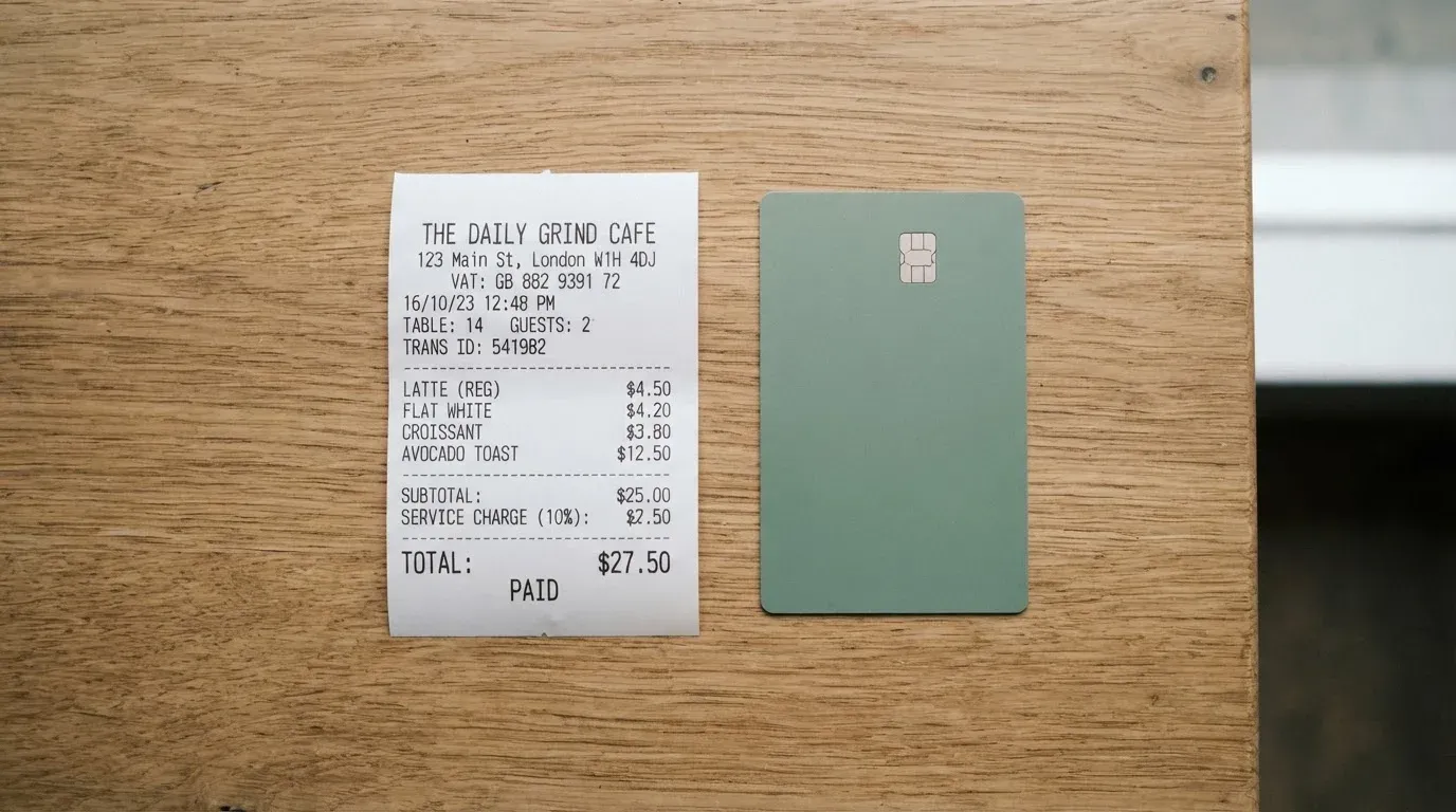 A receipt and a card on a café table