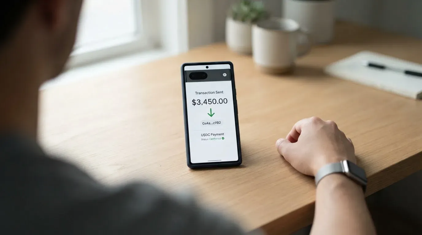 A phone showing a stablecoin transfer screen