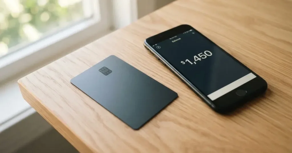 A payment card next to a phone with a crypto wallet app open