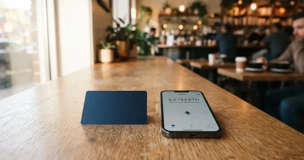 A payment card next to a phone with a crypto wallet app open