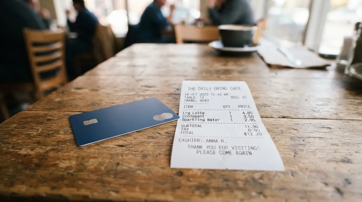 A receipt and a card on a café table