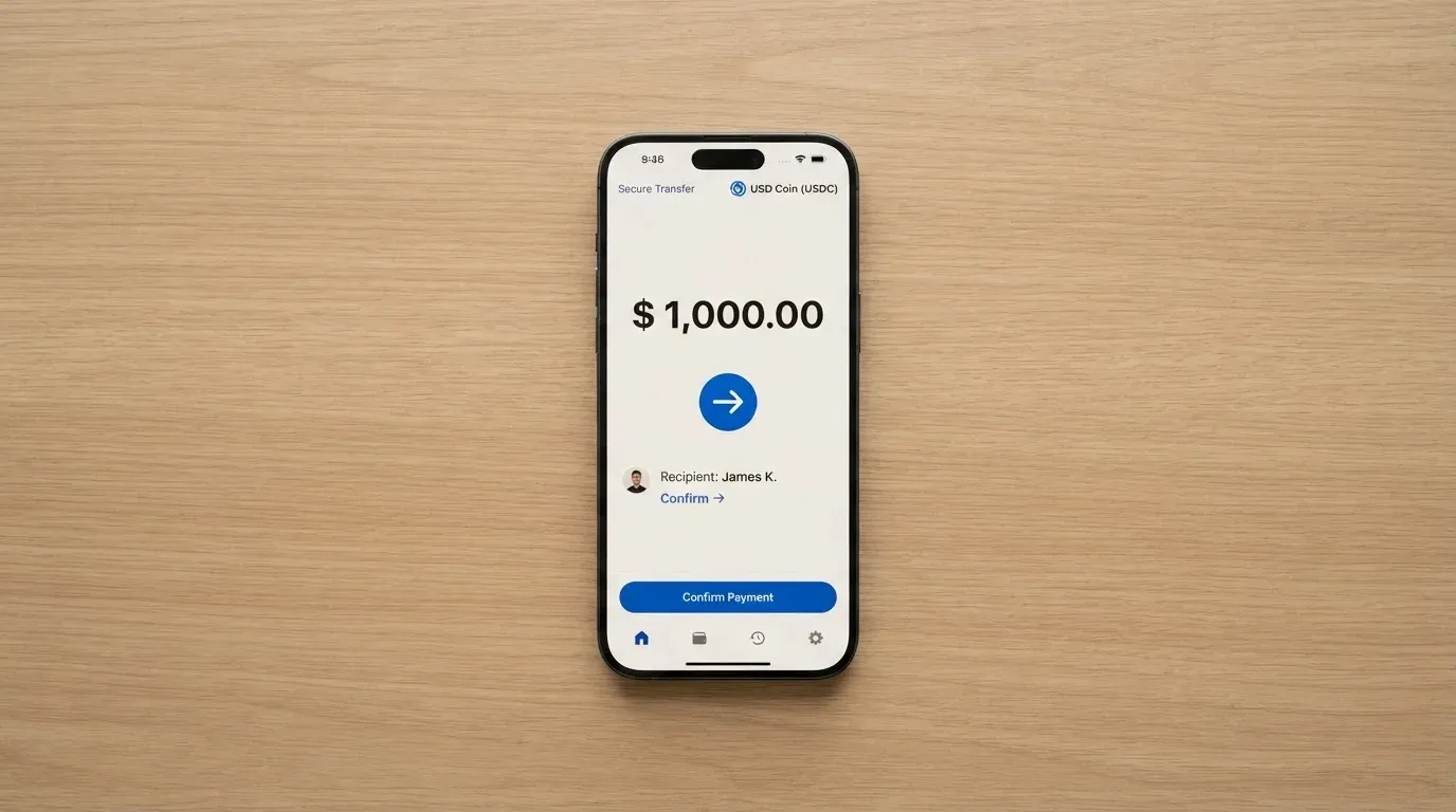 A phone showing a stablecoin transfer screen