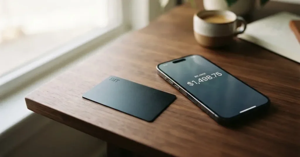 A payment card next to a phone with a crypto wallet app open