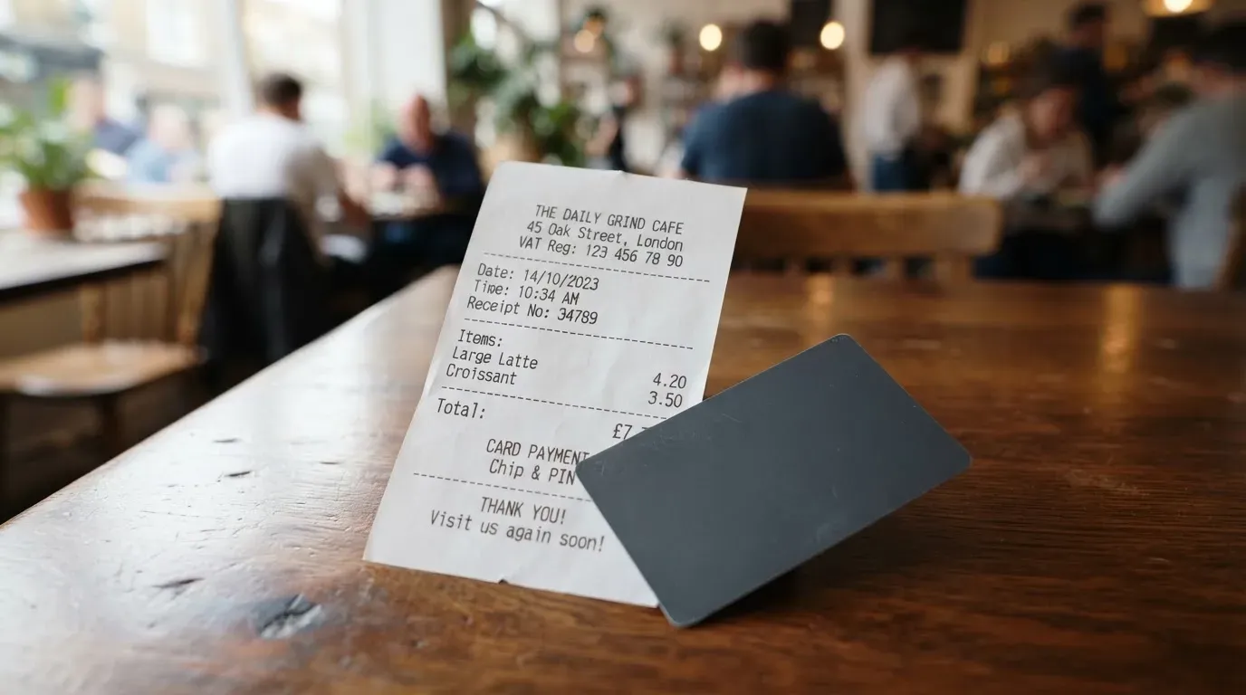 A receipt and a card on a café table