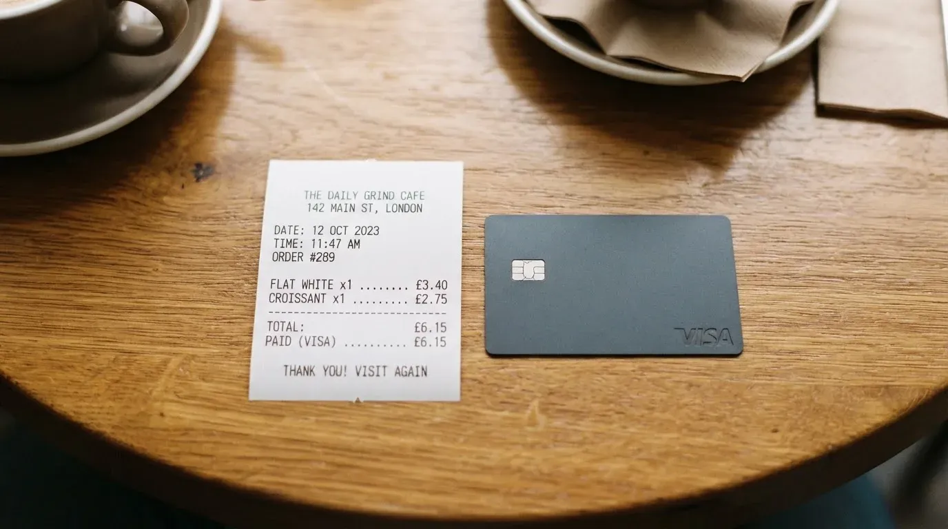 A receipt and a card on a café table