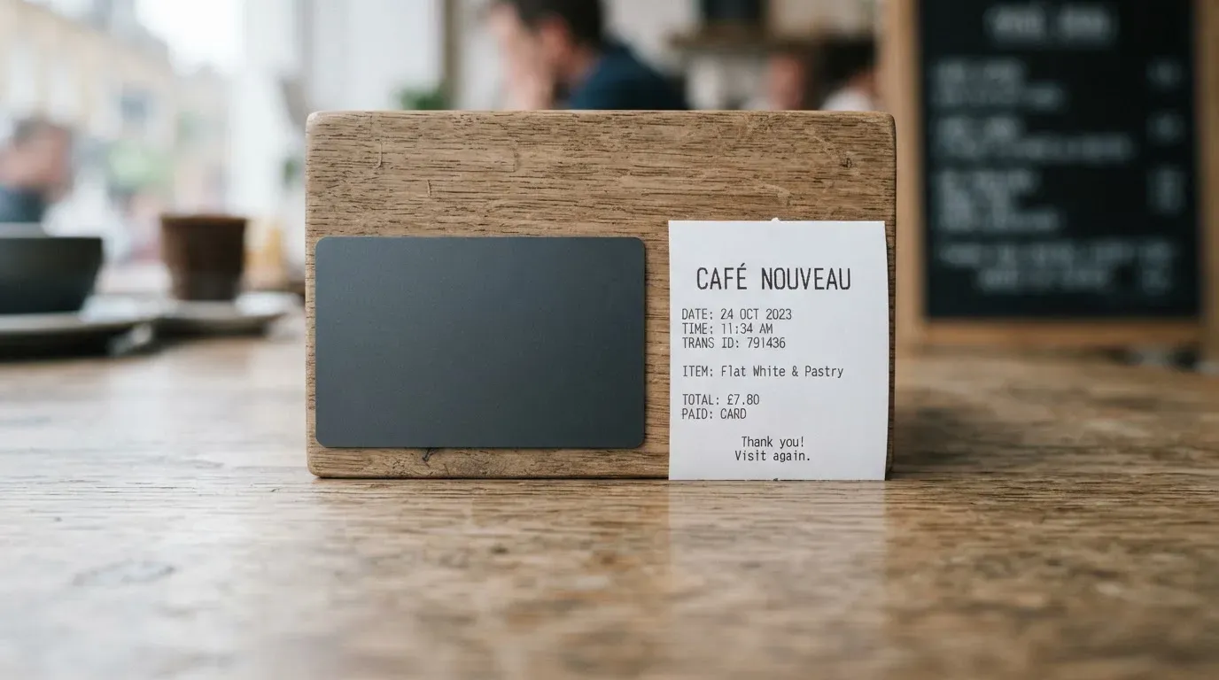 A receipt and a card on a café table