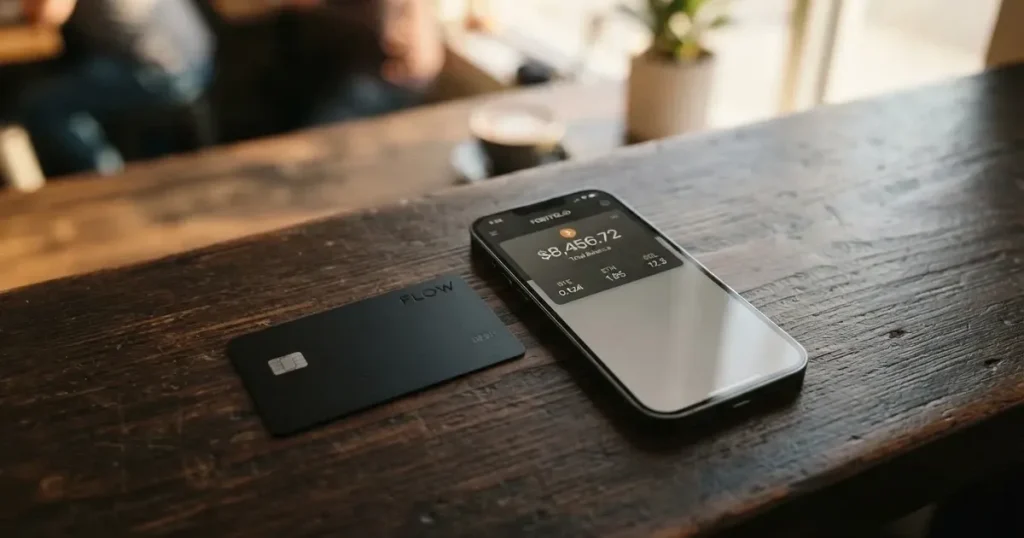 A payment card next to a phone with a crypto wallet app open