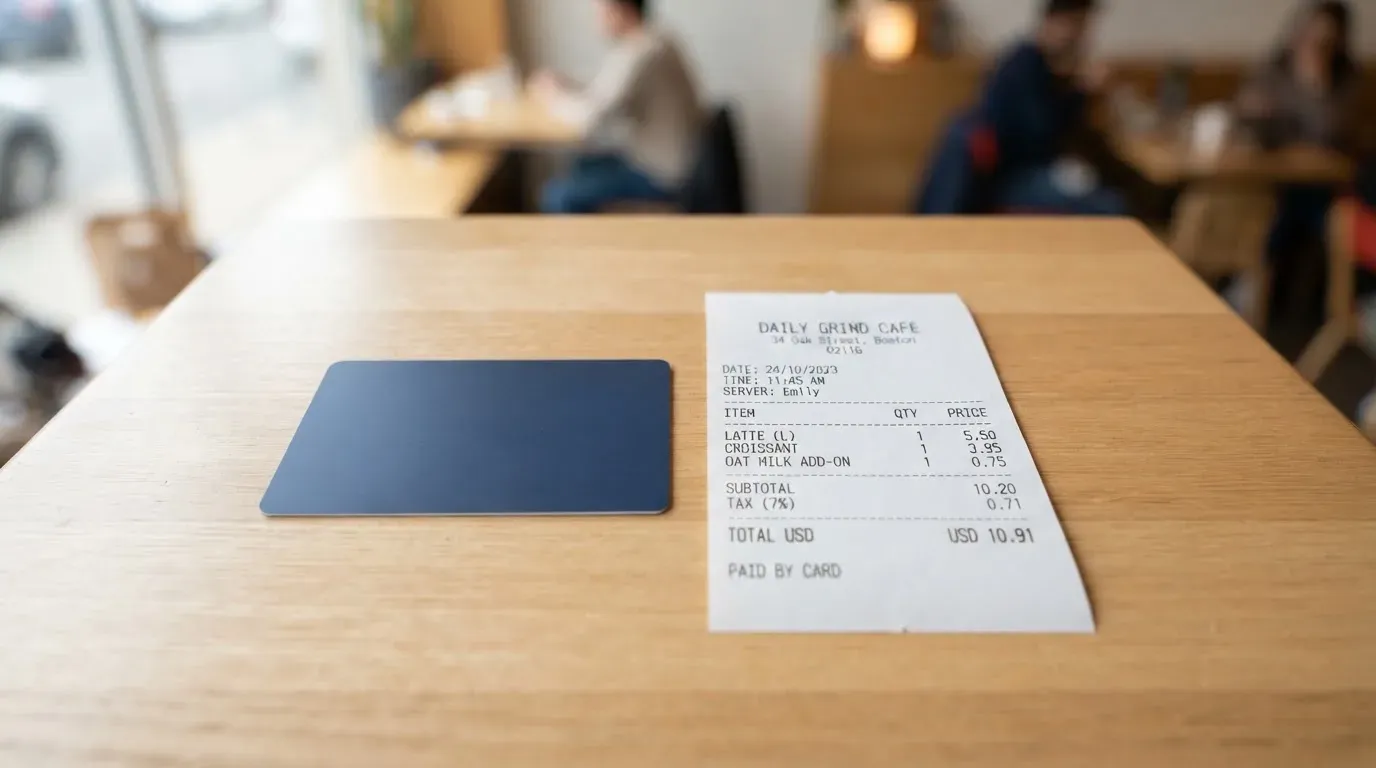 A receipt and a card on a café table