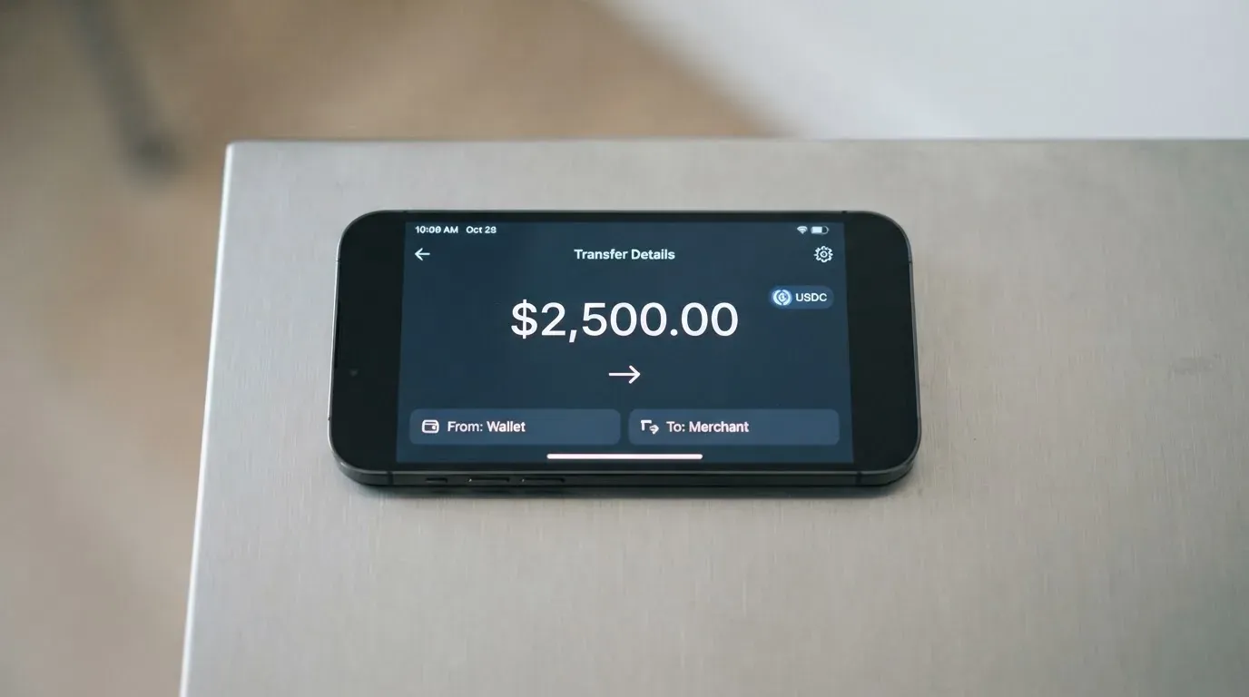 A phone showing a stablecoin transfer screen