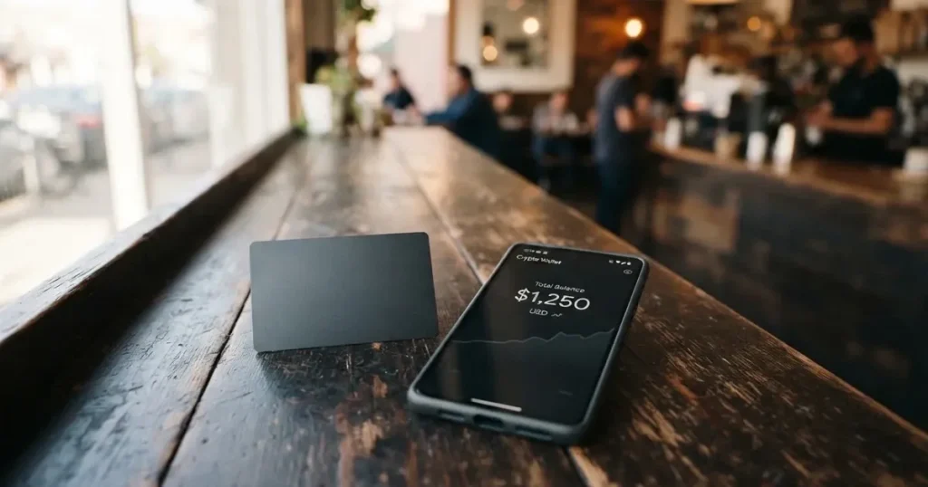 A payment card next to a phone with a crypto wallet app open