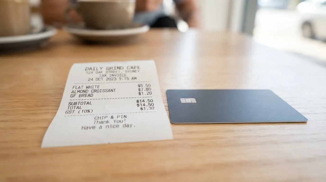 A receipt and a card on a café table
