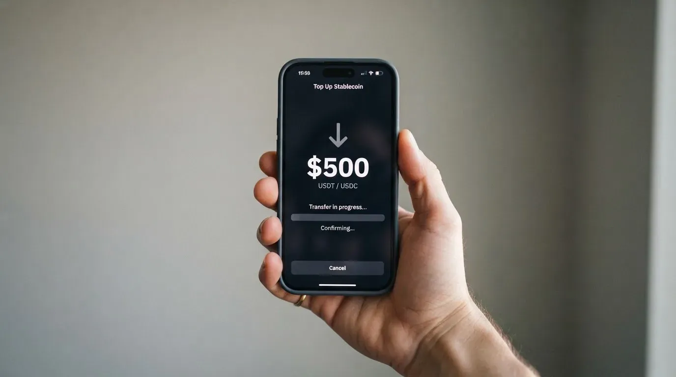 A phone showing a stablecoin transfer screen