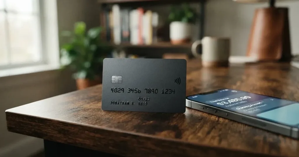 A payment card next to a phone with a crypto wallet app open