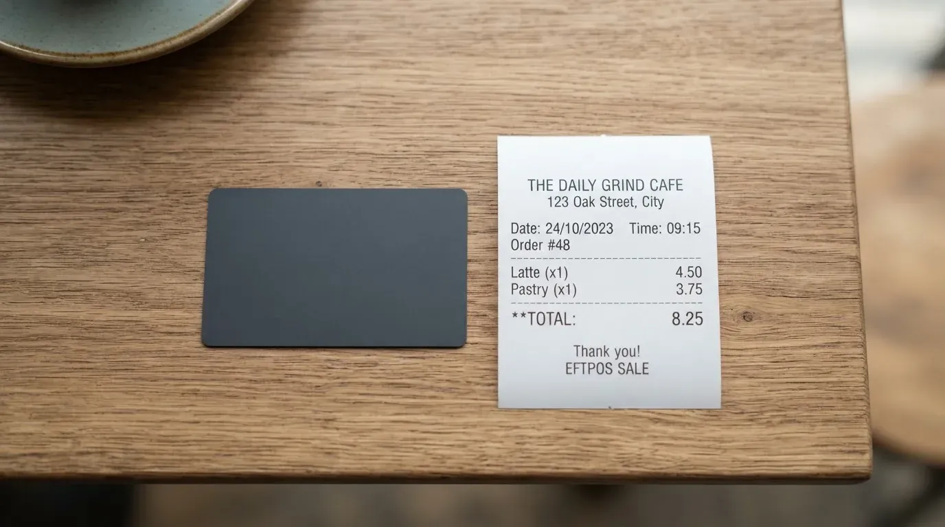 A receipt and a card on a café table
