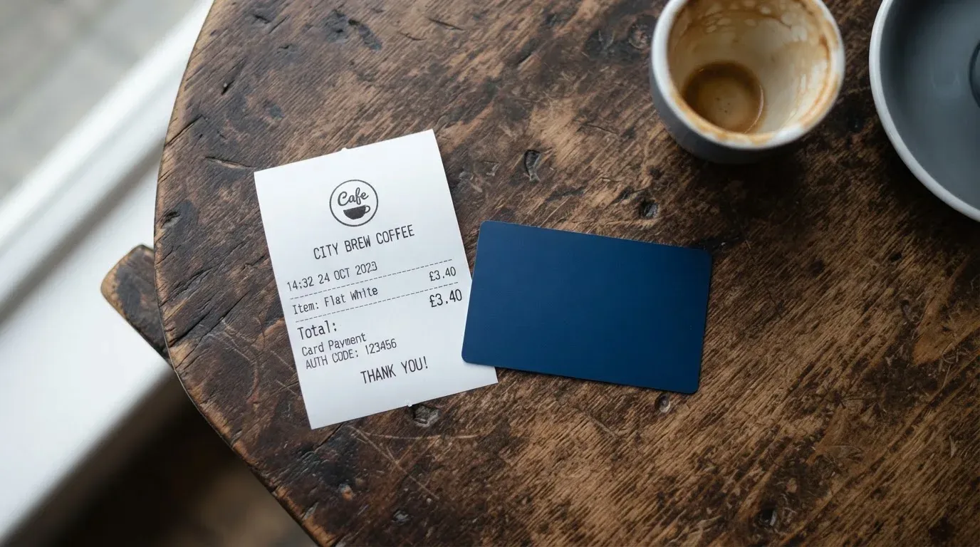 A receipt and a card on a café table