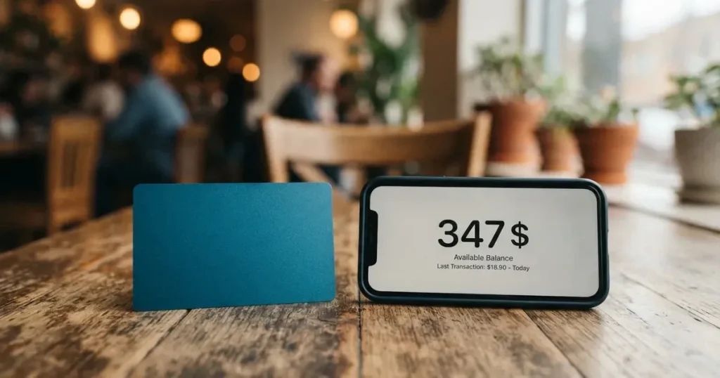 A payment card next to a phone with a crypto wallet app open