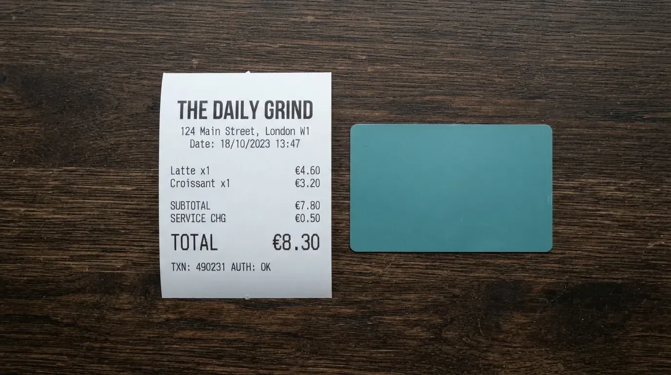 A receipt and a card on a café table