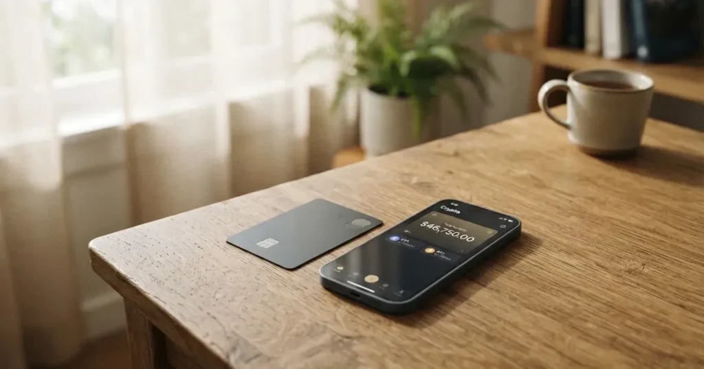 A payment card next to a phone with a crypto wallet app open