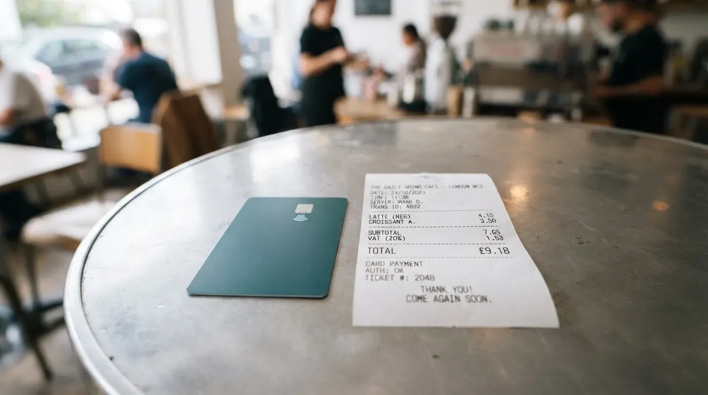 A receipt and a card on a café table