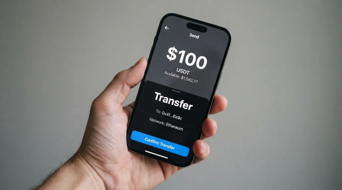 A phone showing a stablecoin transfer screen