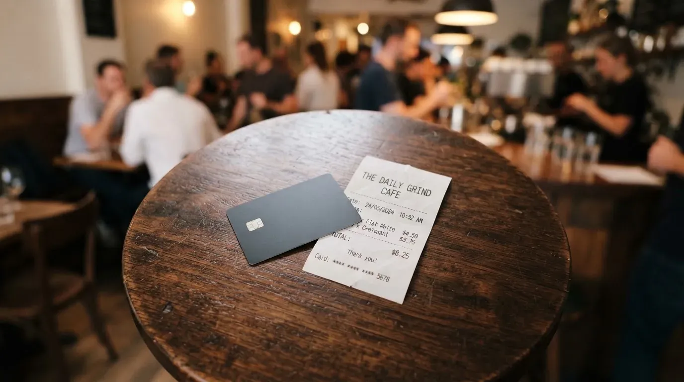 A receipt and a card on a café table
