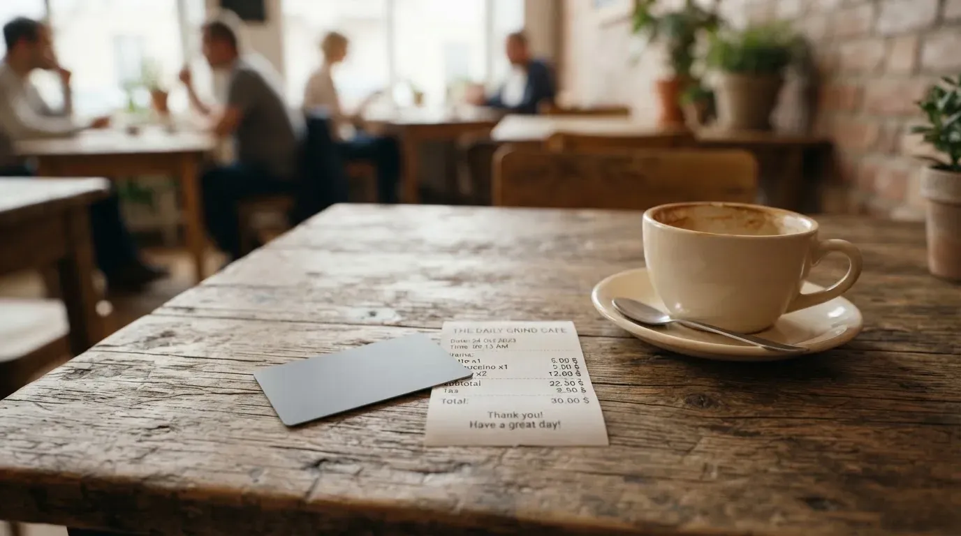 A receipt and a card on a café table