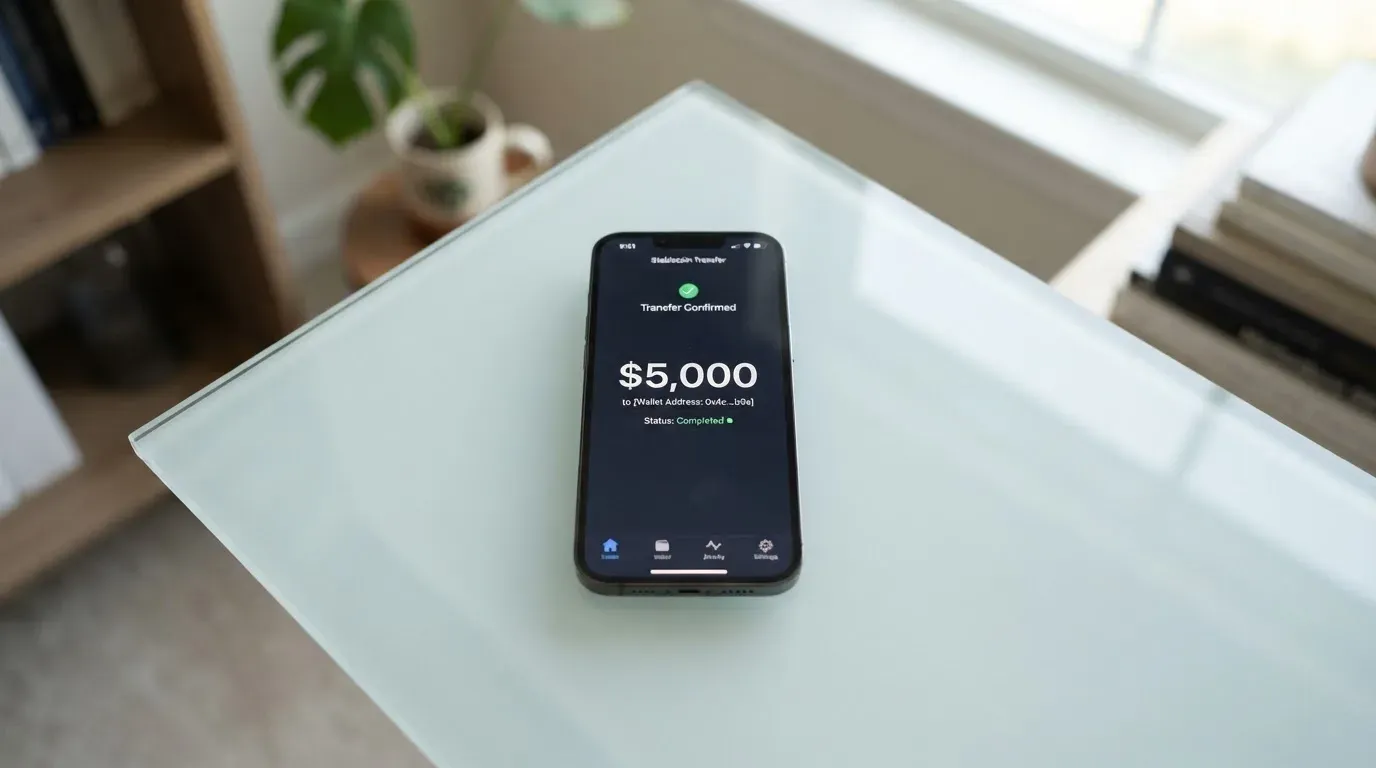 A phone showing a stablecoin transfer screen