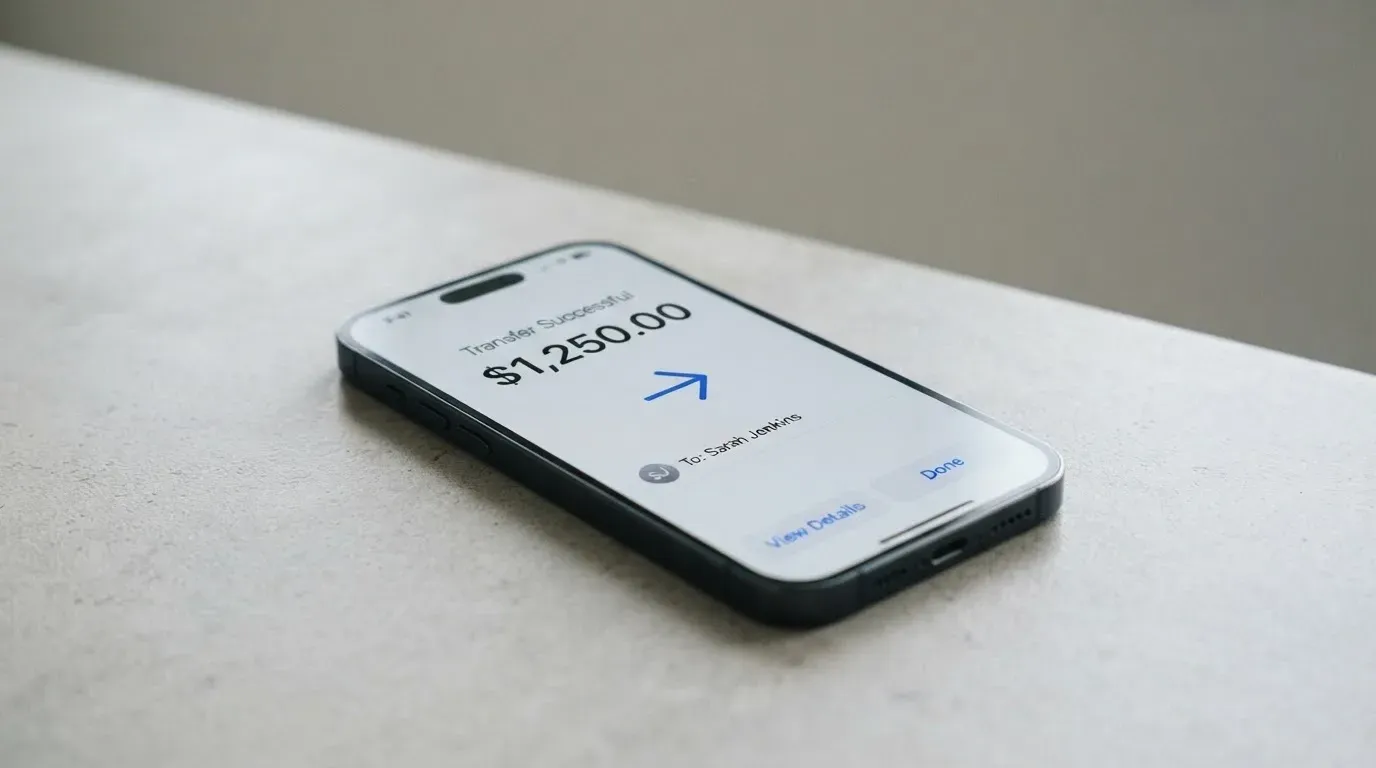 A phone showing a stablecoin transfer screen