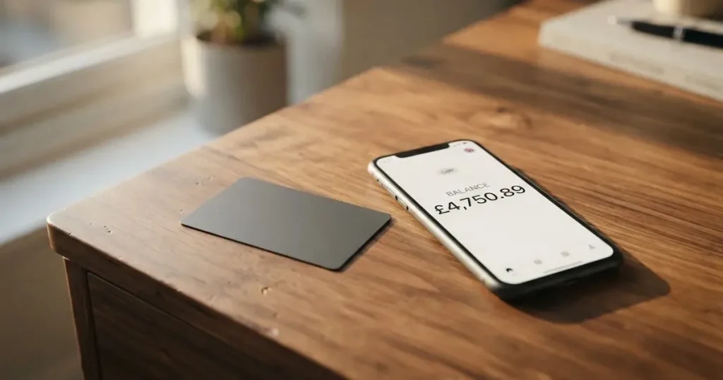 A payment card next to a phone with a crypto wallet app open