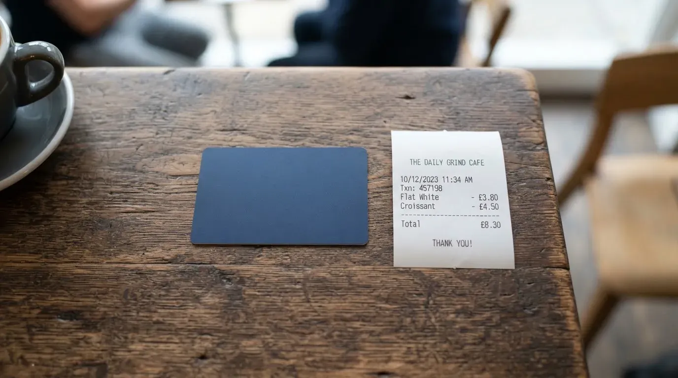 A receipt and a card on a café table