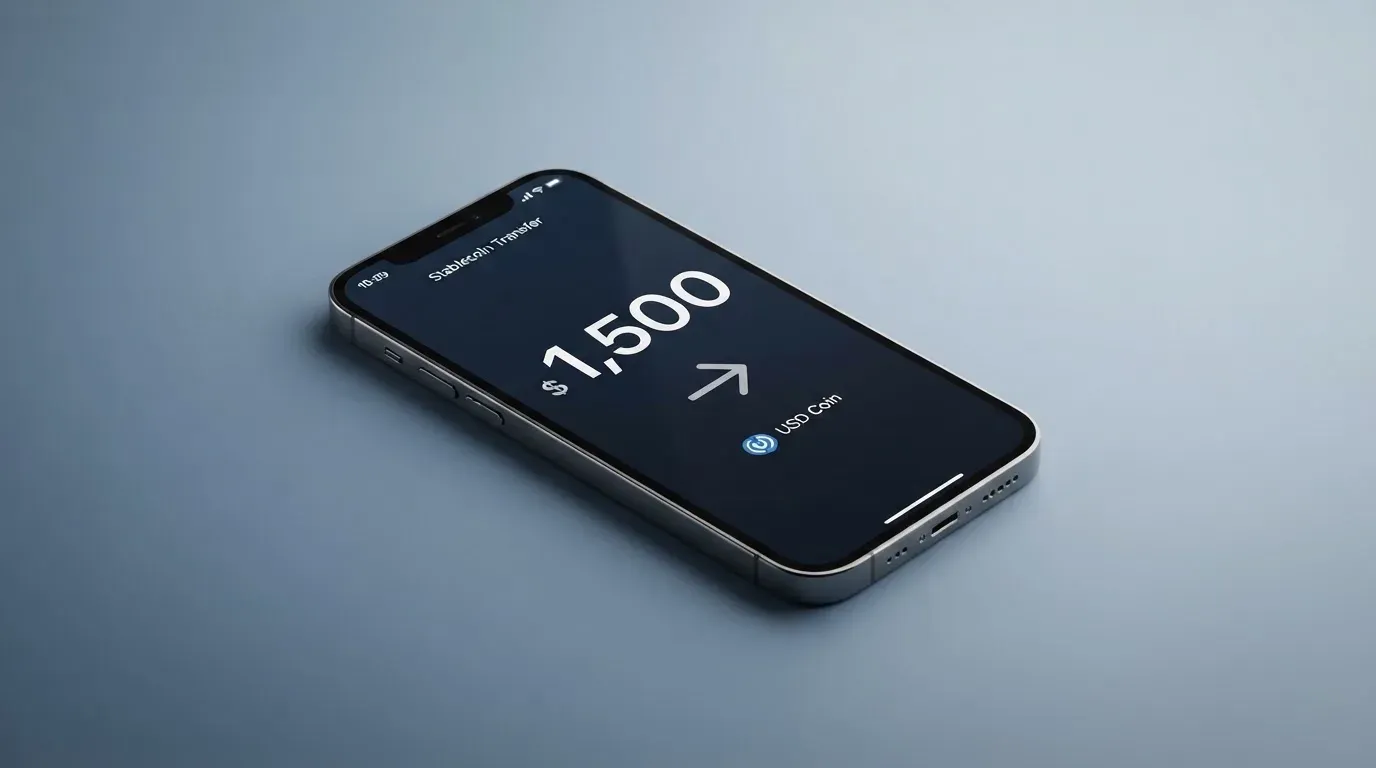 A phone showing a stablecoin transfer screen