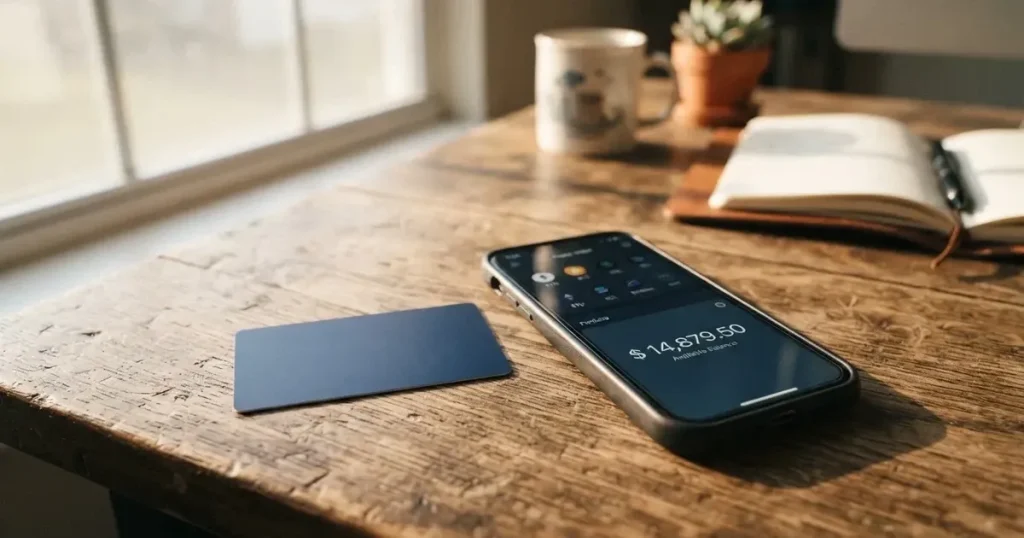 A payment card next to a phone with a crypto wallet app open