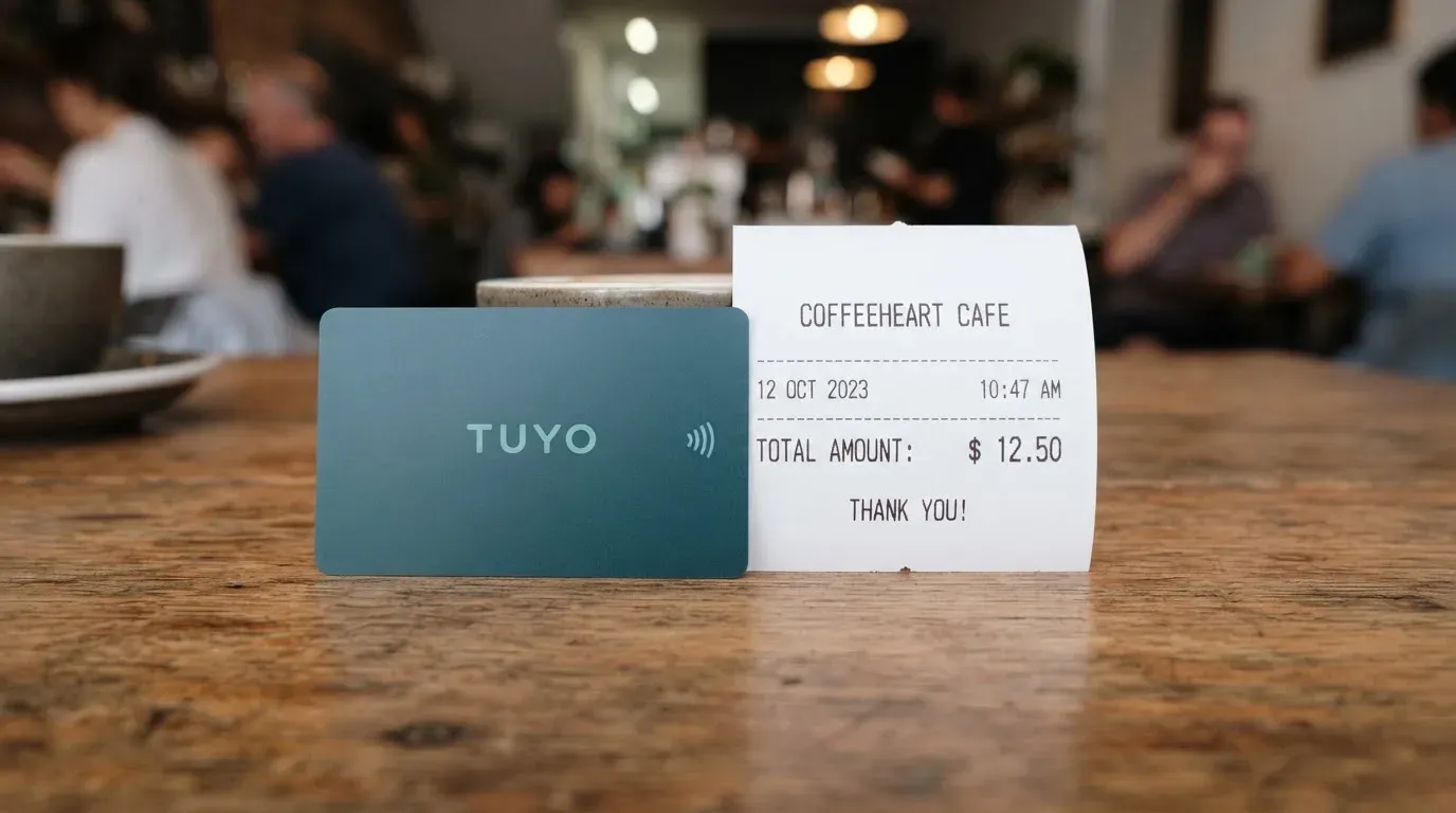 A receipt and a card on a café table