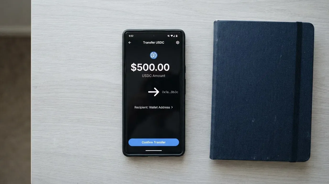 A phone showing a stablecoin transfer screen