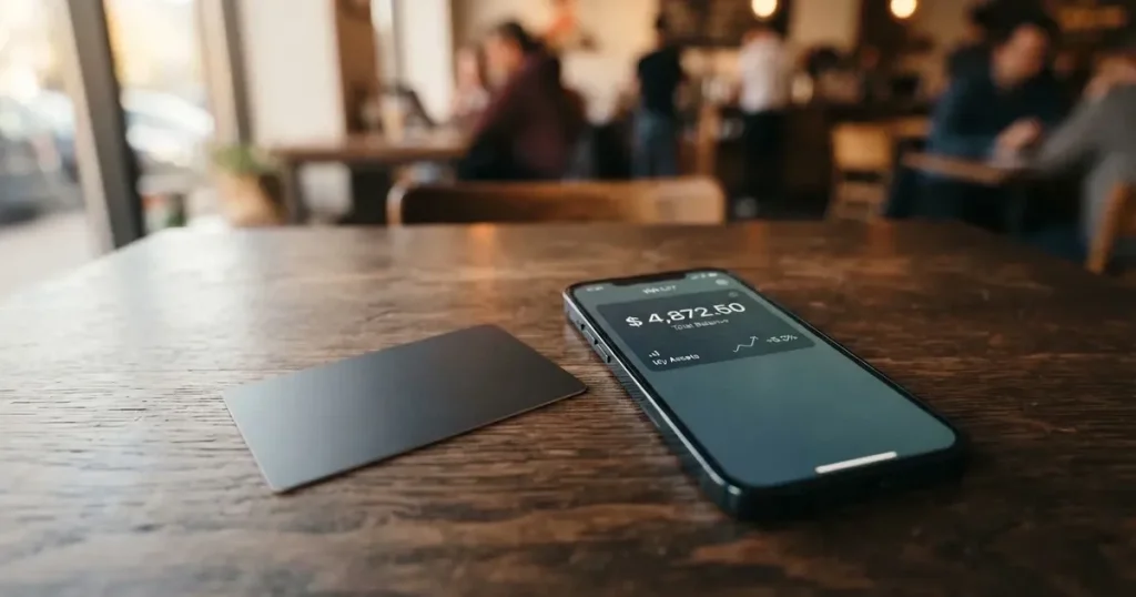 A payment card next to a phone with a crypto wallet app open