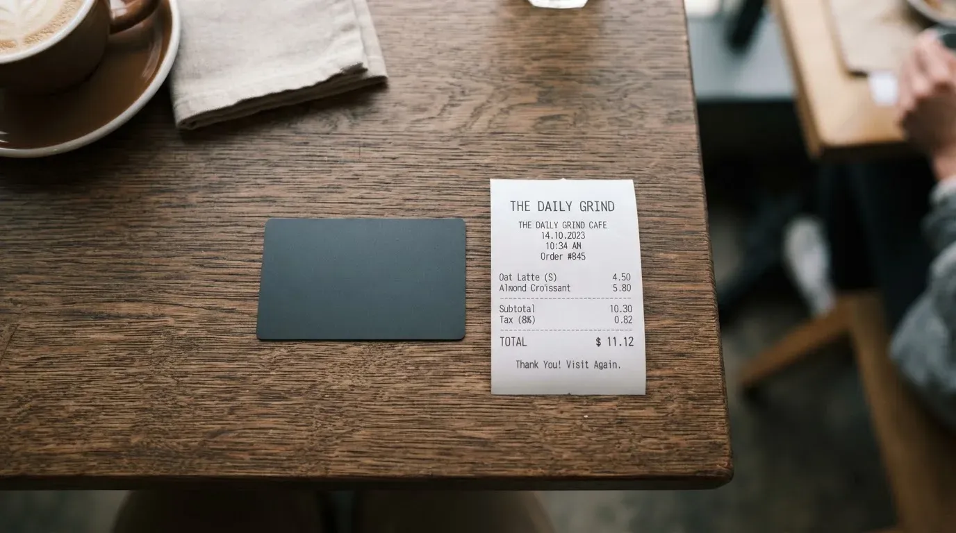 A receipt and a card on a café table