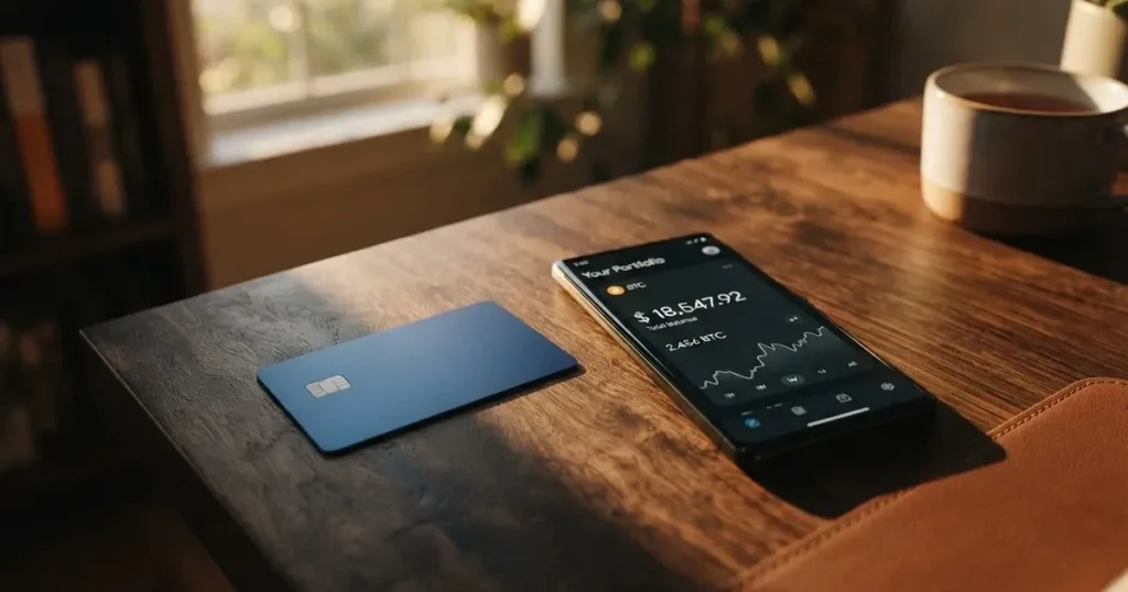 A payment card next to a phone with a crypto wallet app open