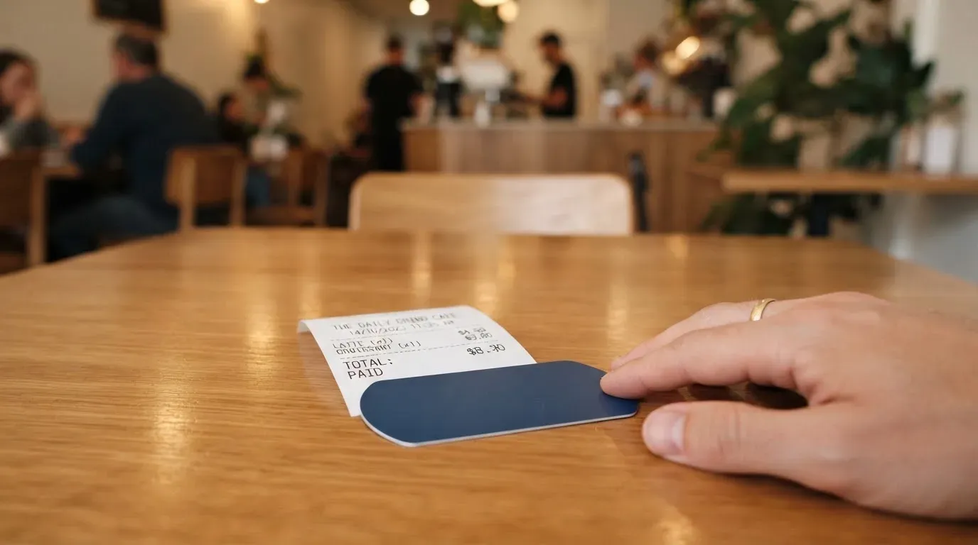 A receipt and a card on a café table