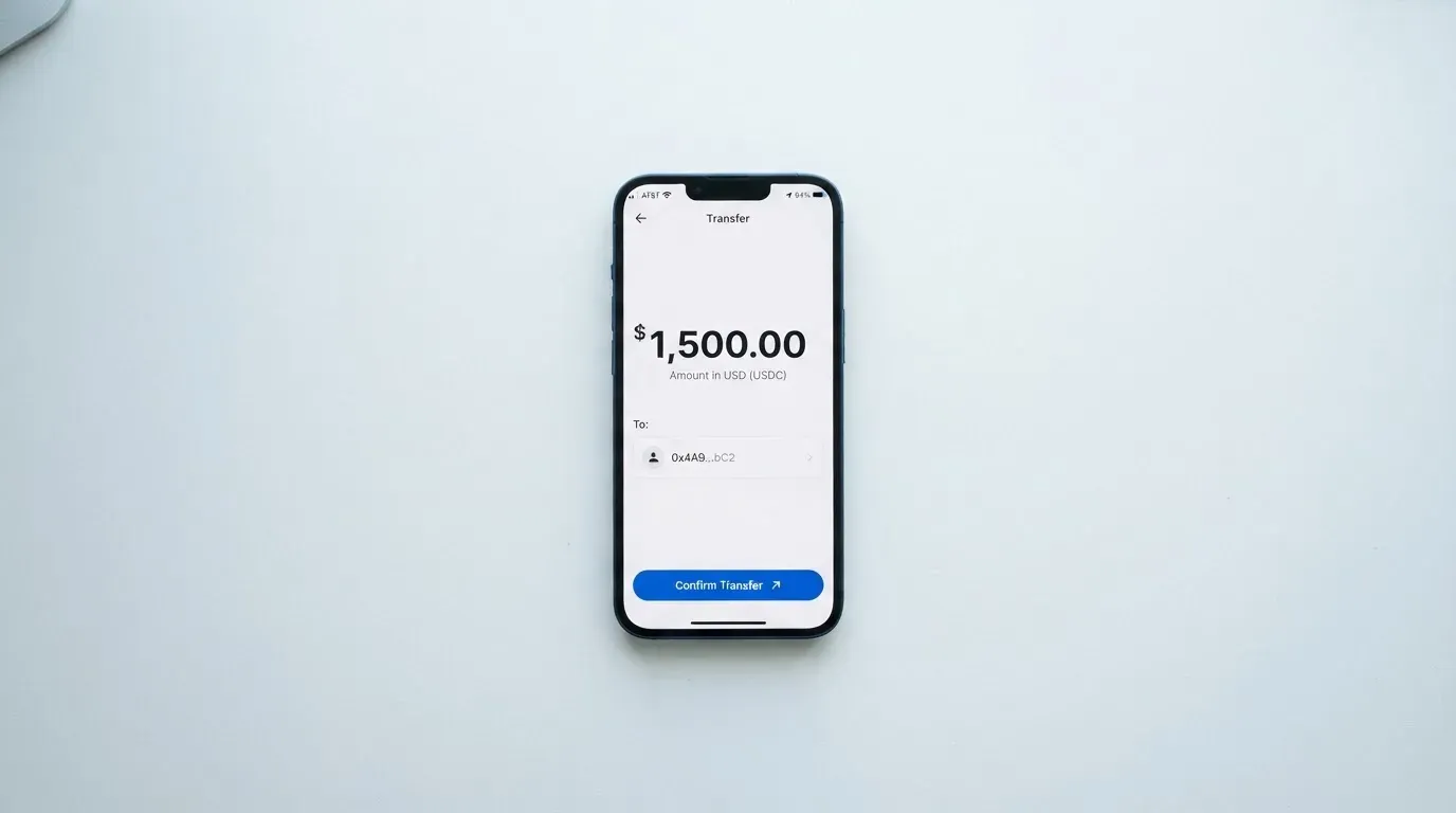 A phone showing a stablecoin transfer screen