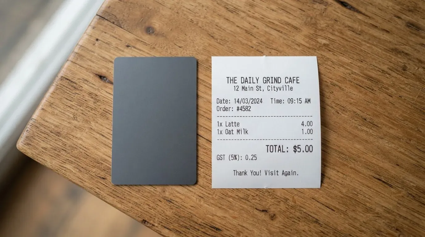 A receipt and a card on a café table