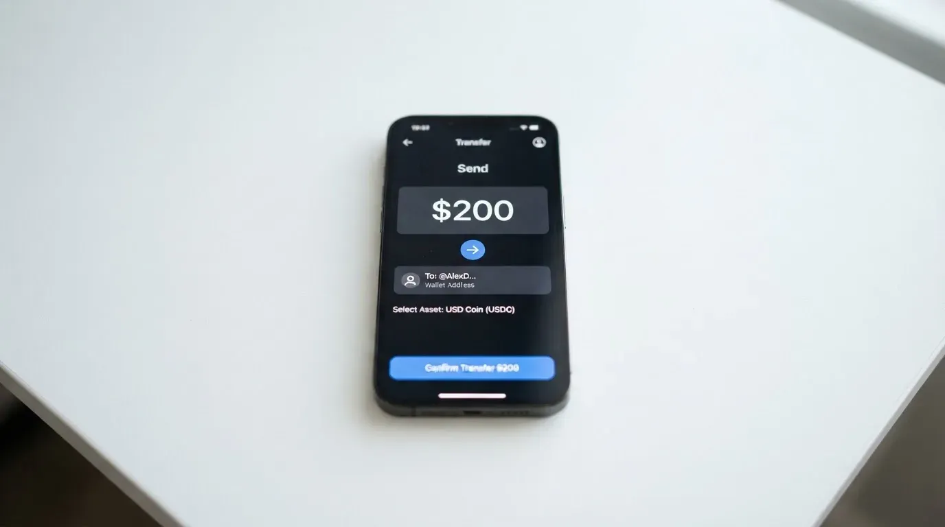 A phone showing a stablecoin transfer screen