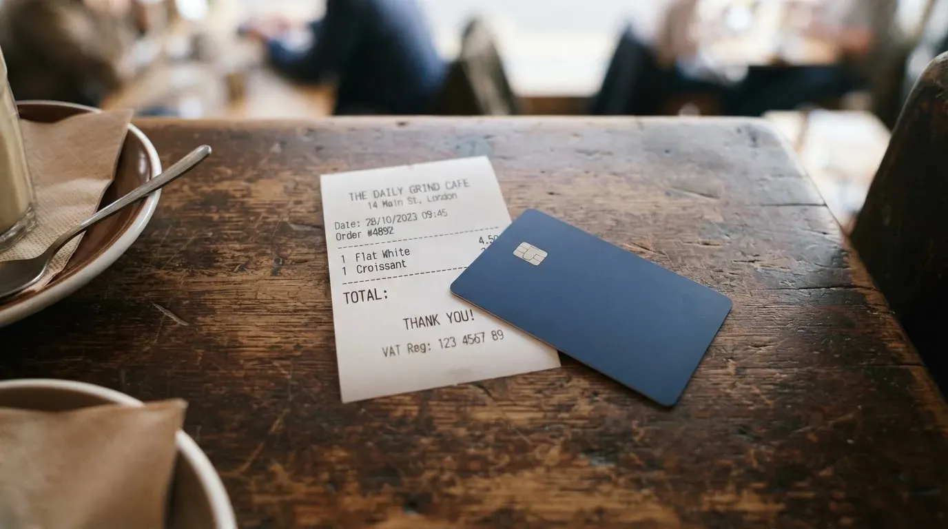 A receipt and a card on a café table