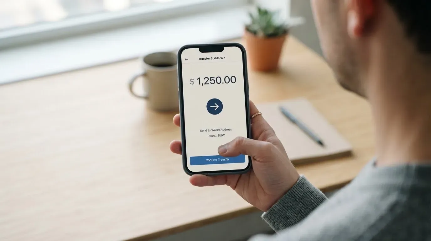 A phone showing a stablecoin transfer screen