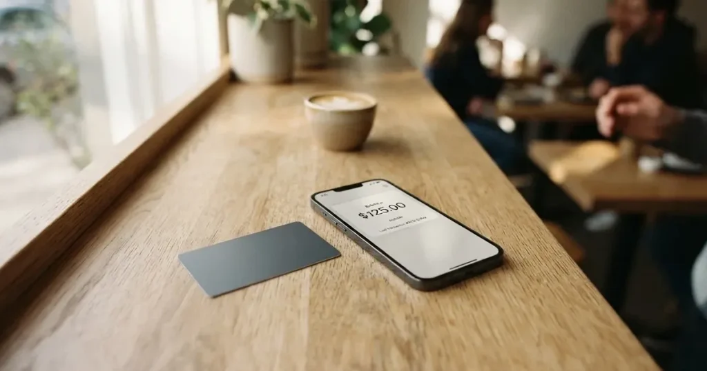A payment card next to a phone with a crypto wallet app open