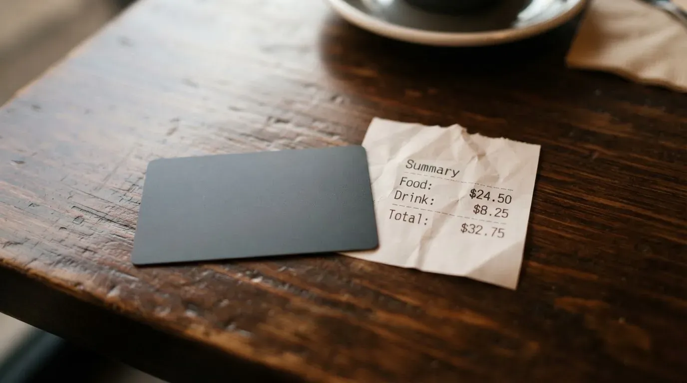 A receipt and a card on a café table