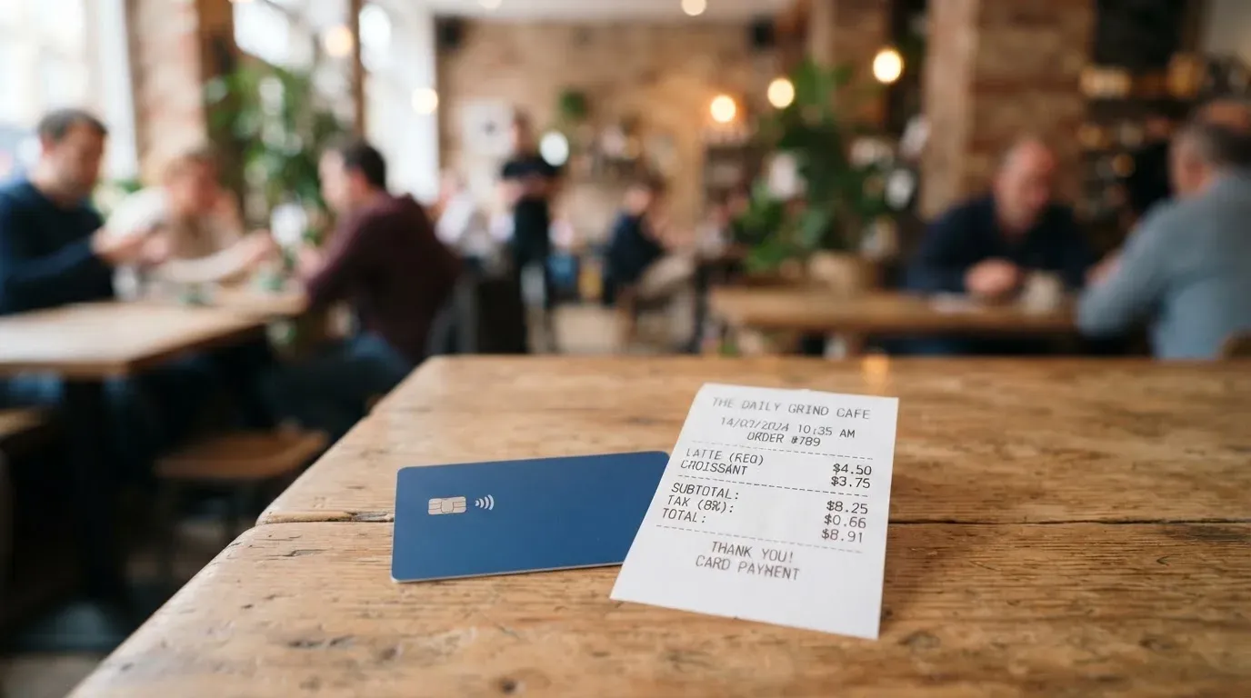 A receipt and a card on a café table