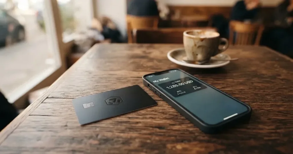 A payment card next to a phone with a crypto wallet app open