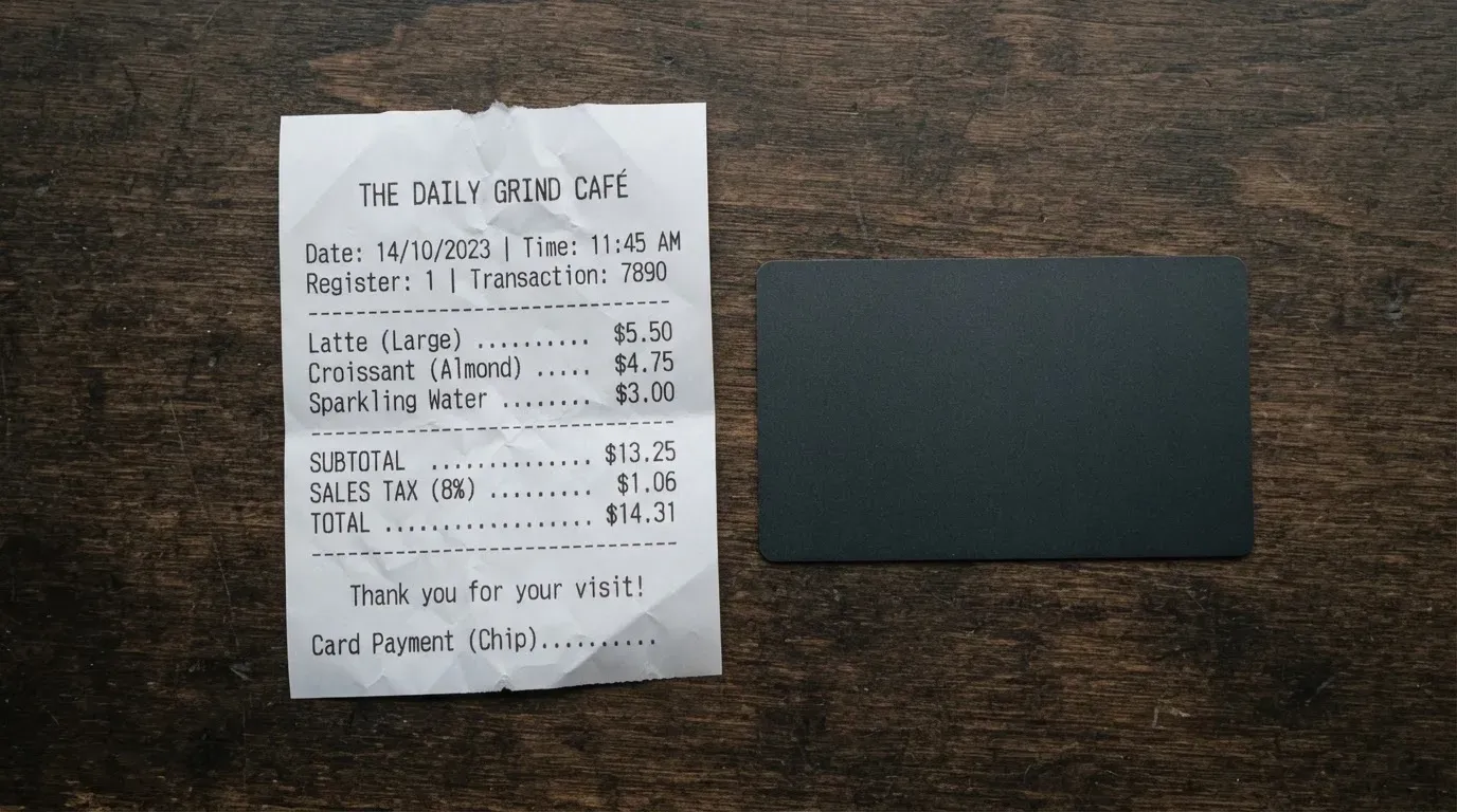 A receipt and a card on a café table