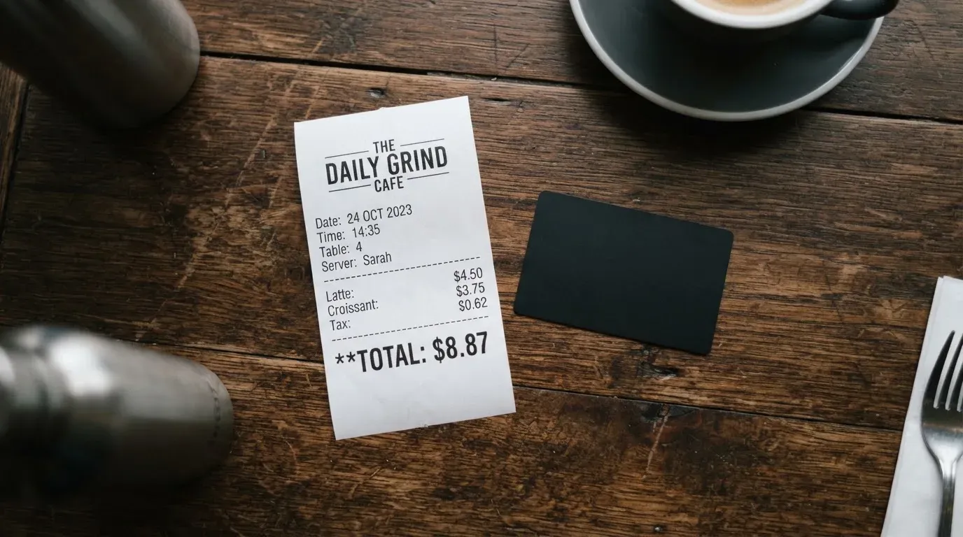 A receipt and a card on a café table